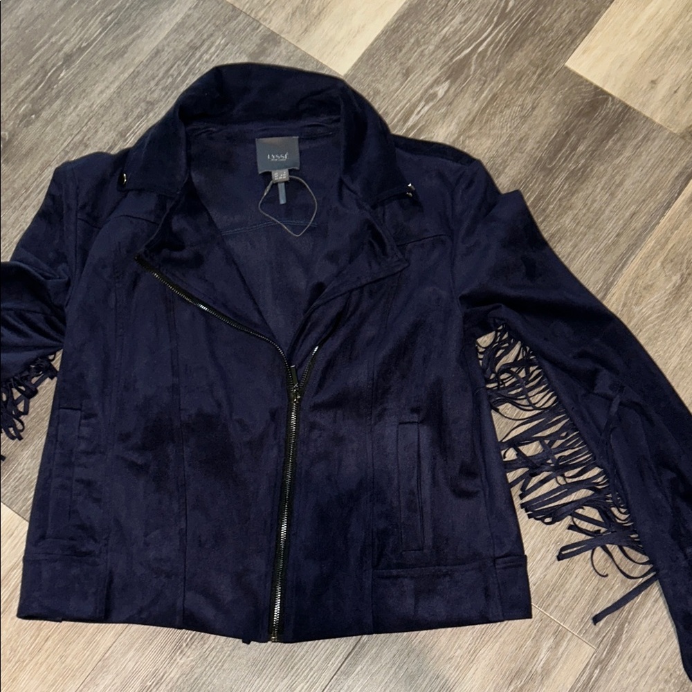 LYSSE  Navy Fringe Suede Moto jacket.